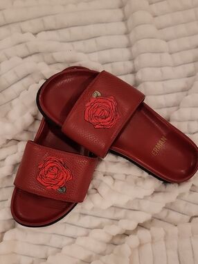 Herman Buscemi Slide Sandals with Rose Embroidery